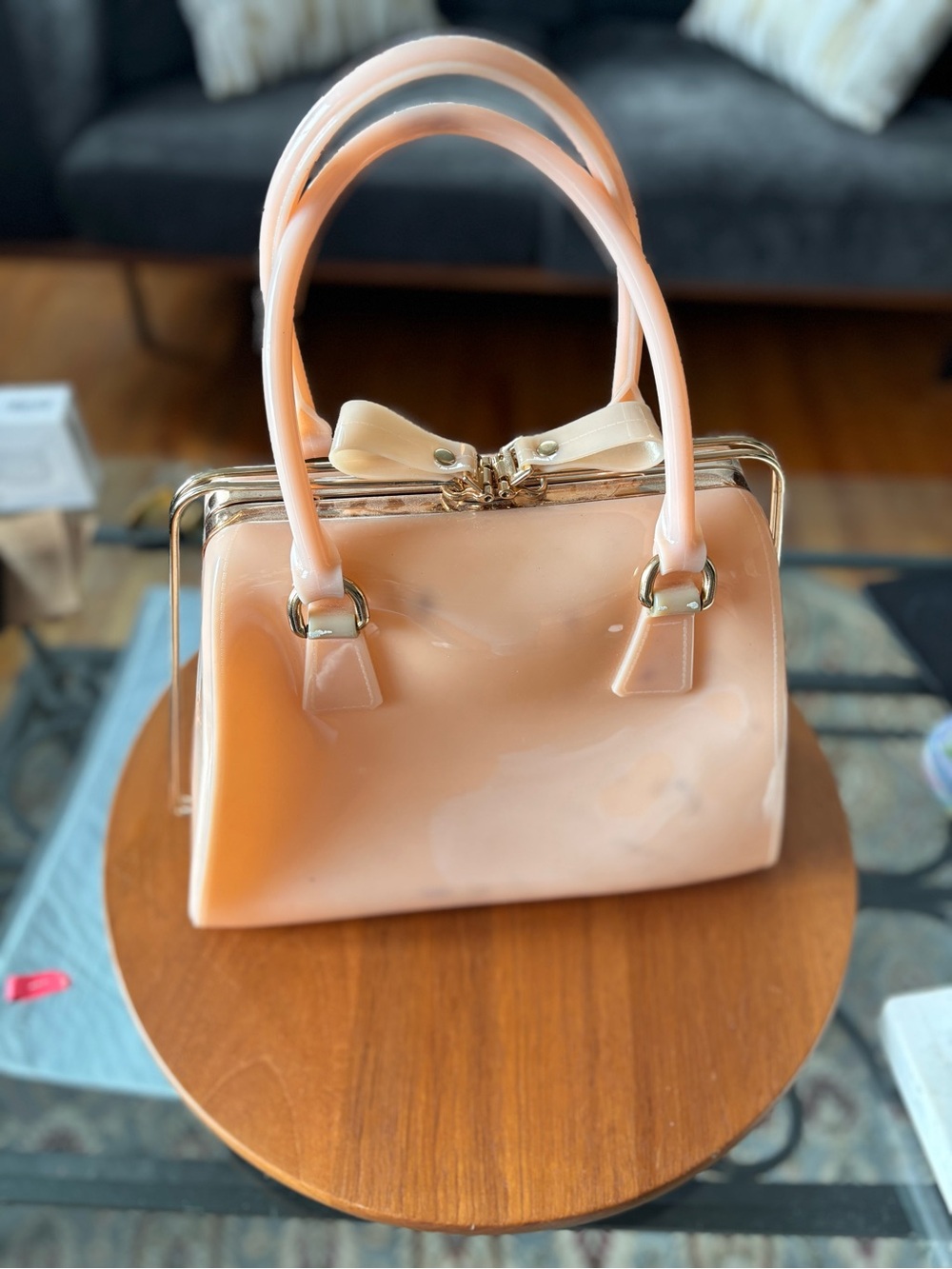 Peach Patent Bow-Accent Satchel Tote By Furla